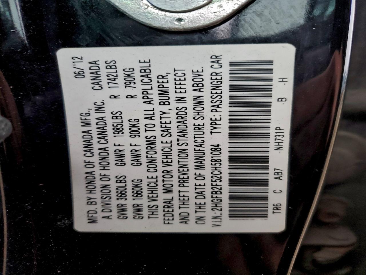 2012 Honda Civic Lx VIN: 2HGFB2F52CH581084 Lot: 95330345