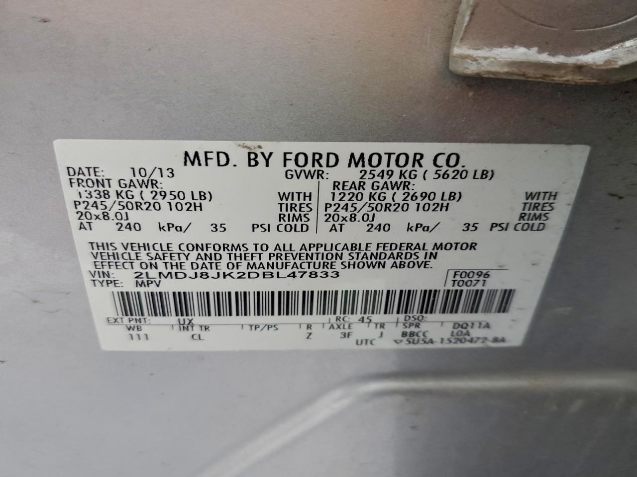 2013 Lincoln Mkx VIN: 2LMDJ8JK2DBL47833 Lot: 95690375