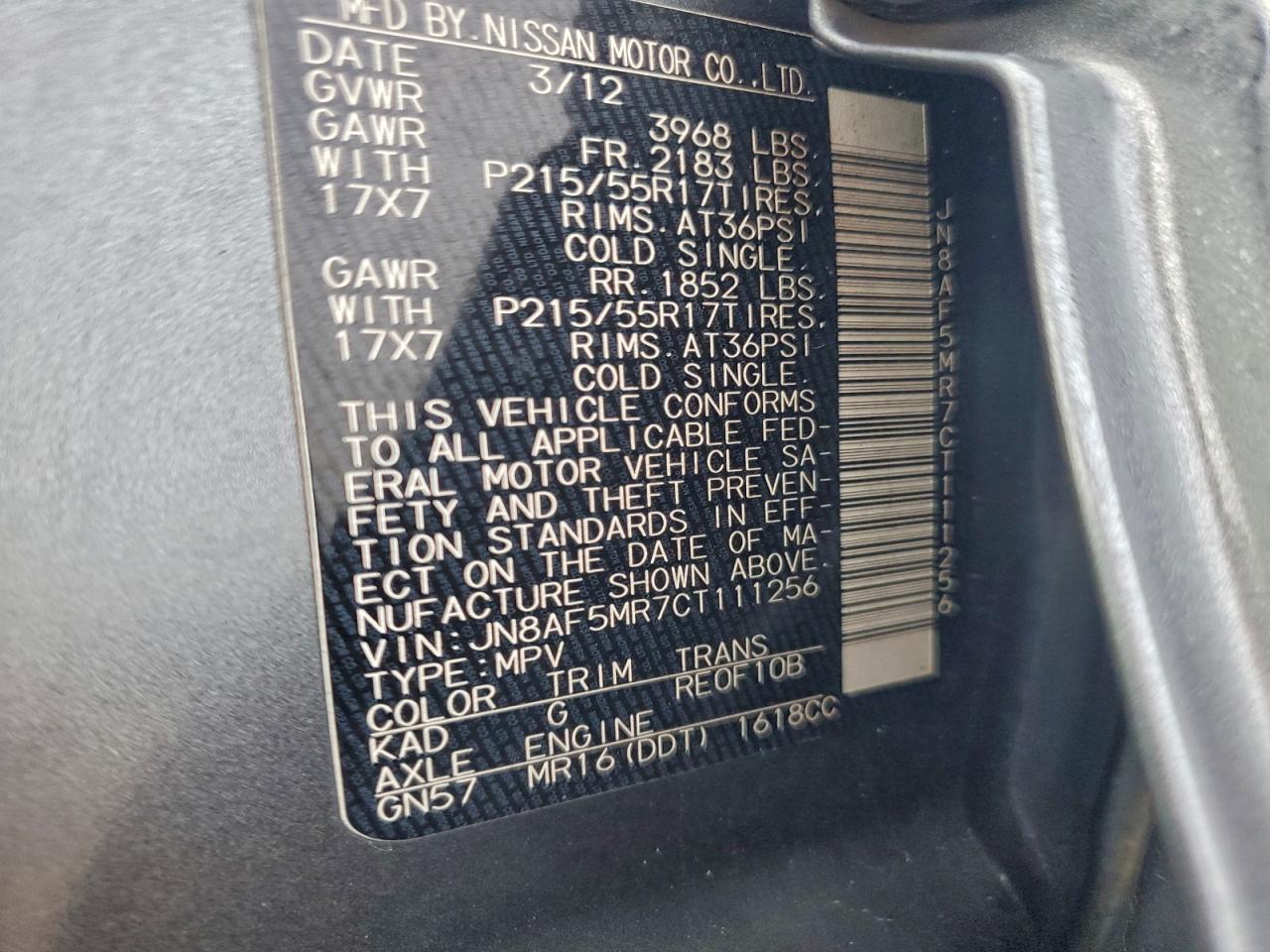 2012 Nissan Juke S VIN: JN8AF5MR7CT111256 Lot: 96616825