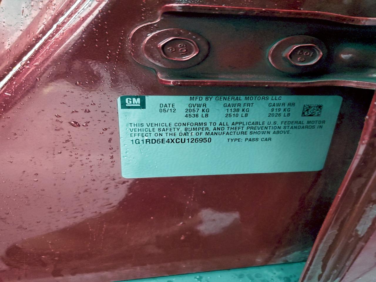 2012 Chevrolet Volt VIN: 1G1RD6E4XCU126950 Lot: 95151285