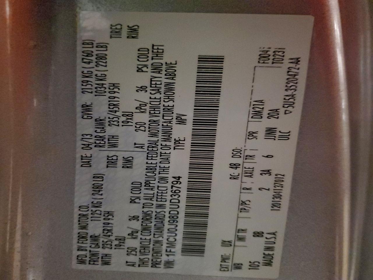 2013 Ford Escape Titanium VIN: 1FMCU0J98DUD36794 Lot: 94099135