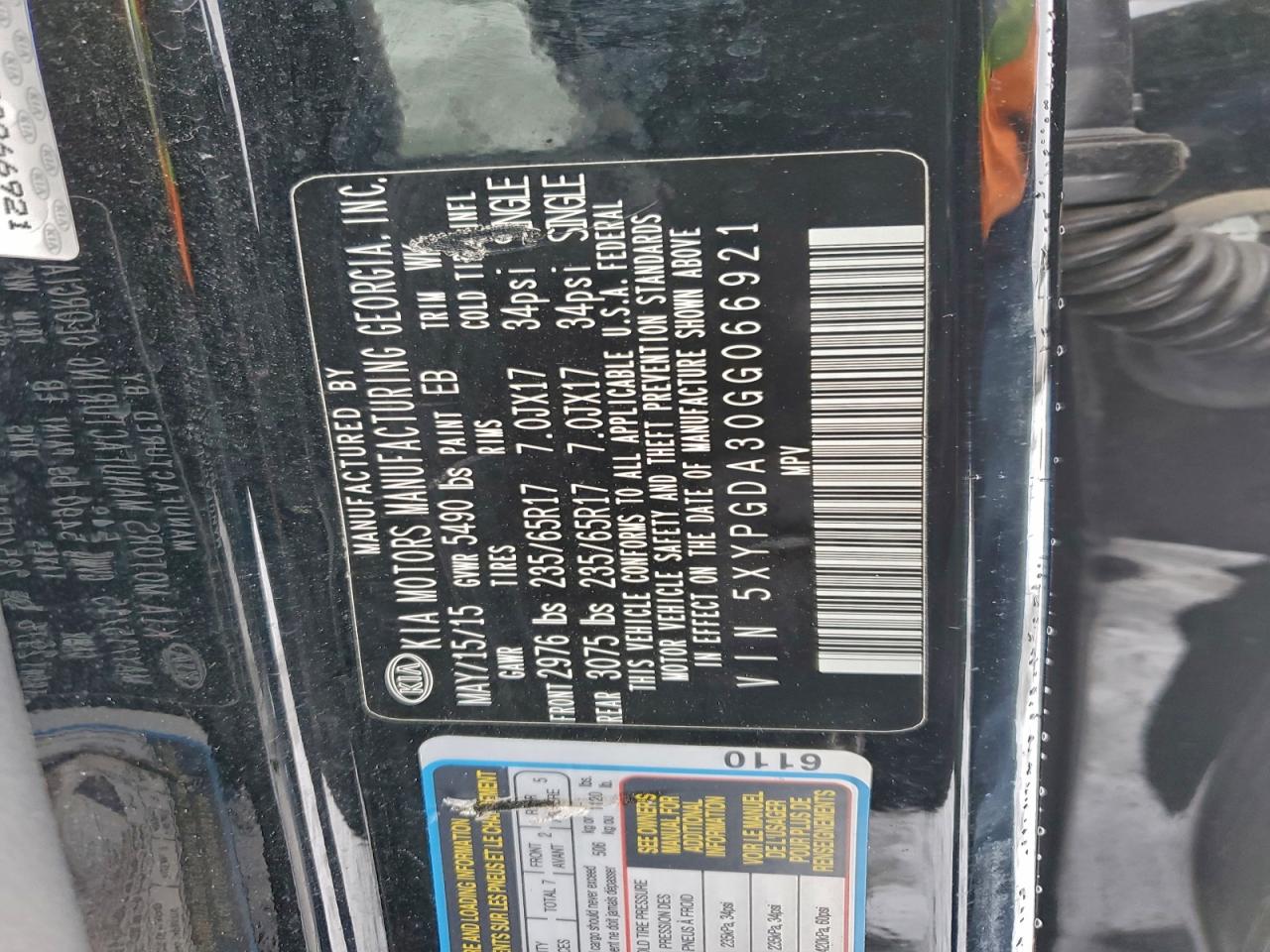 2016 Kia Sorento Lx VIN: 5XYPGDA30GG066921 Lot: 95519405