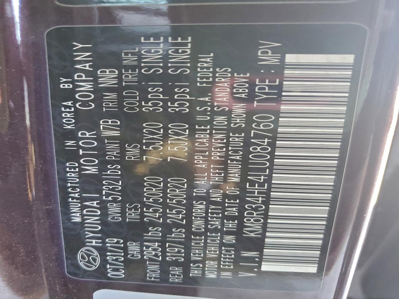 2020 Hyundai Palisade Sel VIN: KM8R34HE4LU084760 Lot: 96884445