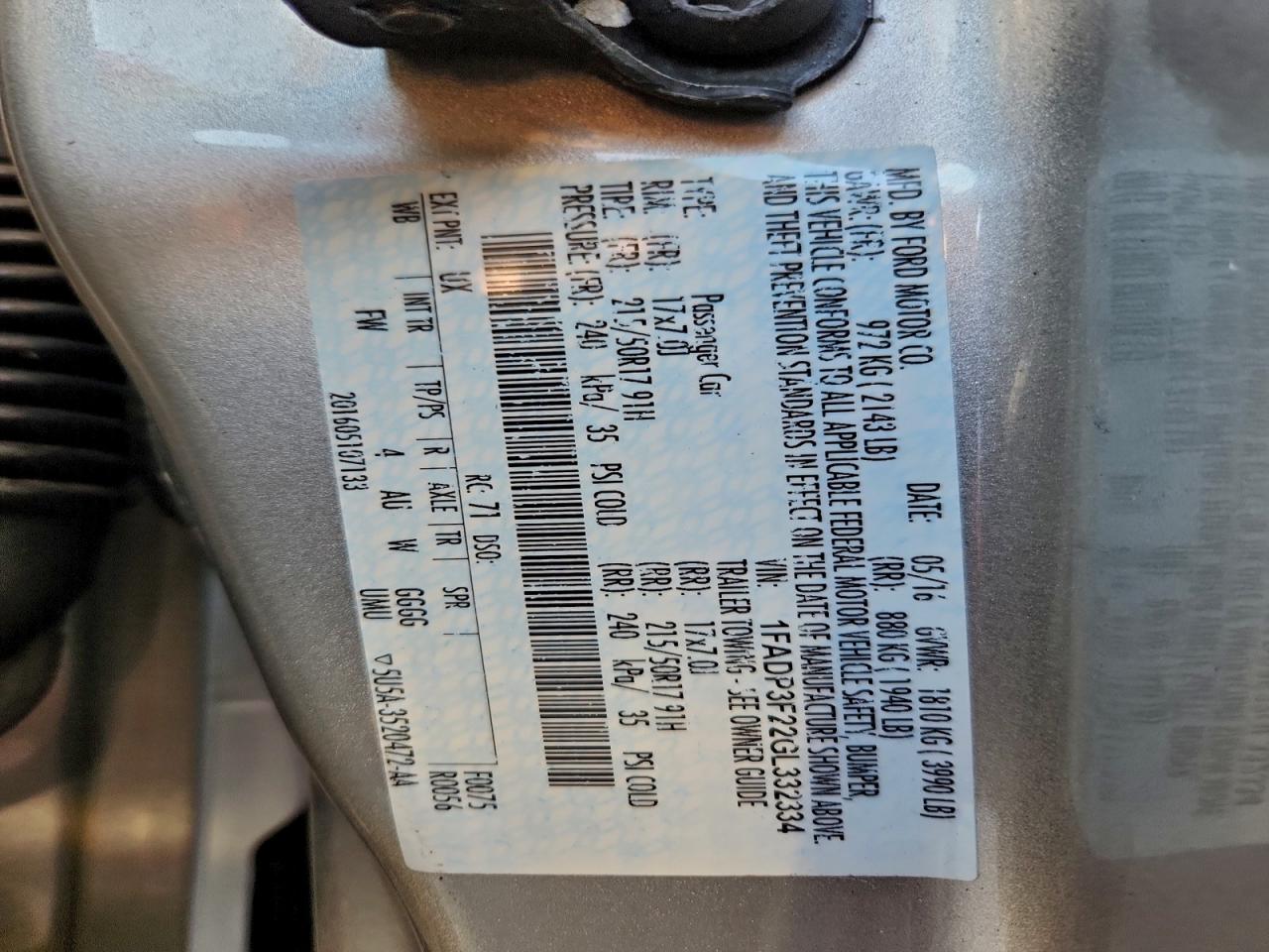 2016 Ford Focus Se VIN: 1FADP3F22GL332334 Lot: 95255265