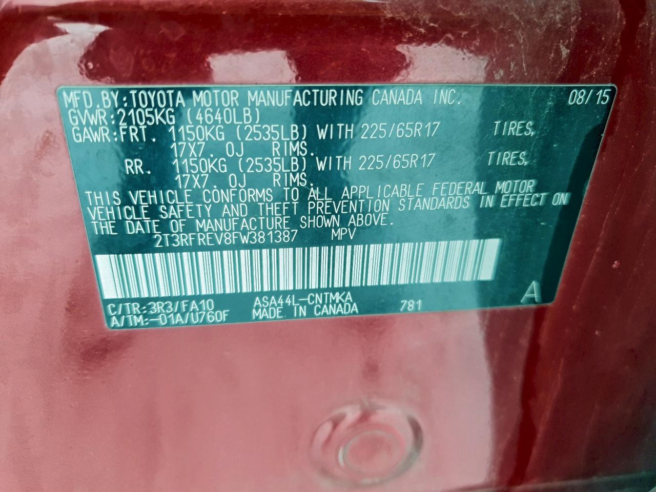 2015 Toyota Rav4 Xle VIN: 2T3RFREV8FW381387 Lot: 94701395