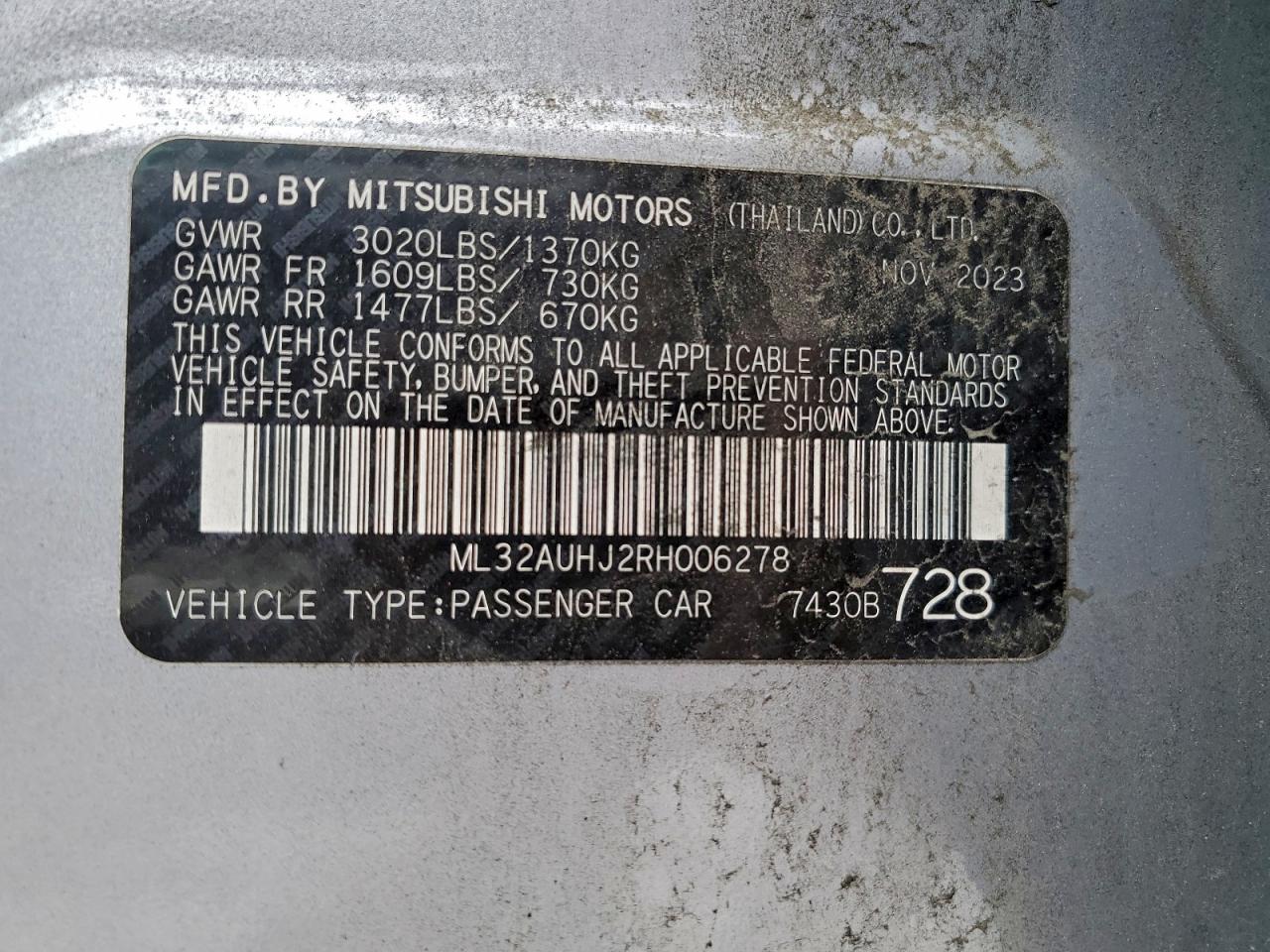 2024 Mitsubishi Mirage Es VIN: ML32AUHJ2RH006278 Lot: 95689345