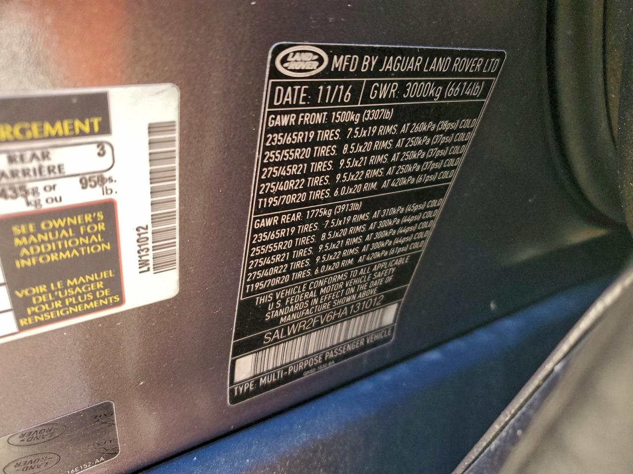 2017 Land Rover Range Rover Sport Hse VIN: SALWR2FV6HA131012 Lot: 96783365