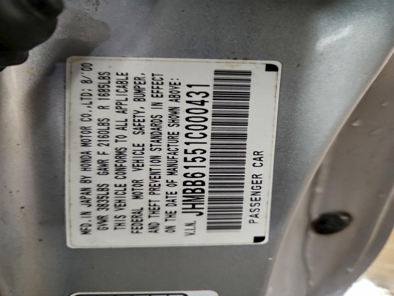 2001 Honda Prelude Sh VIN: JHMBB61551C000431 Lot: 94900605