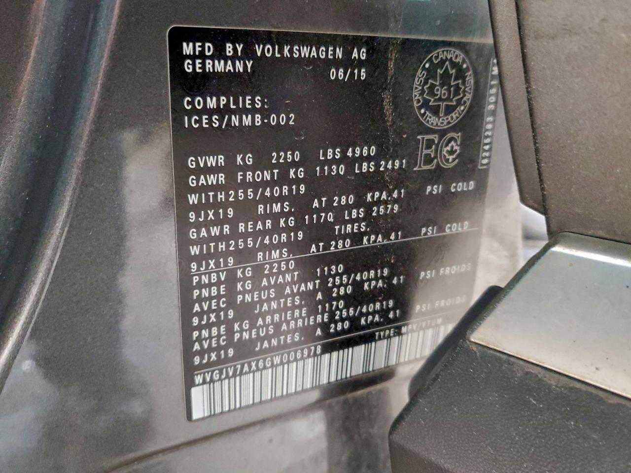 2016 Volkswagen Tiguan Comfortline VIN: WVGJV7AX6GW006978 Lot: 96388725