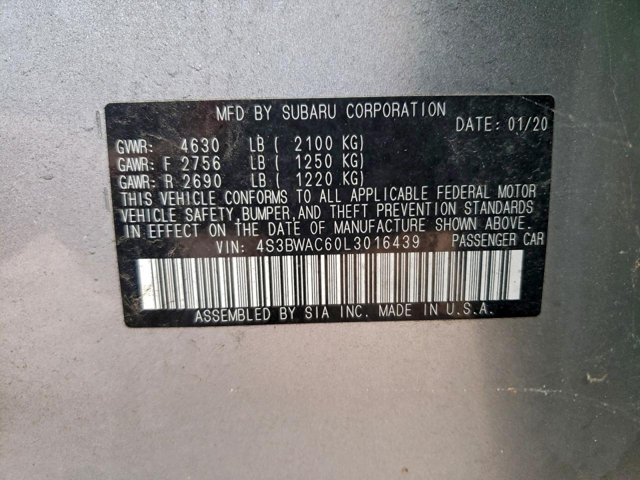 2020 Subaru Legacy Premium VIN: 4S3BWAC60L3016439 Lot: 95764745