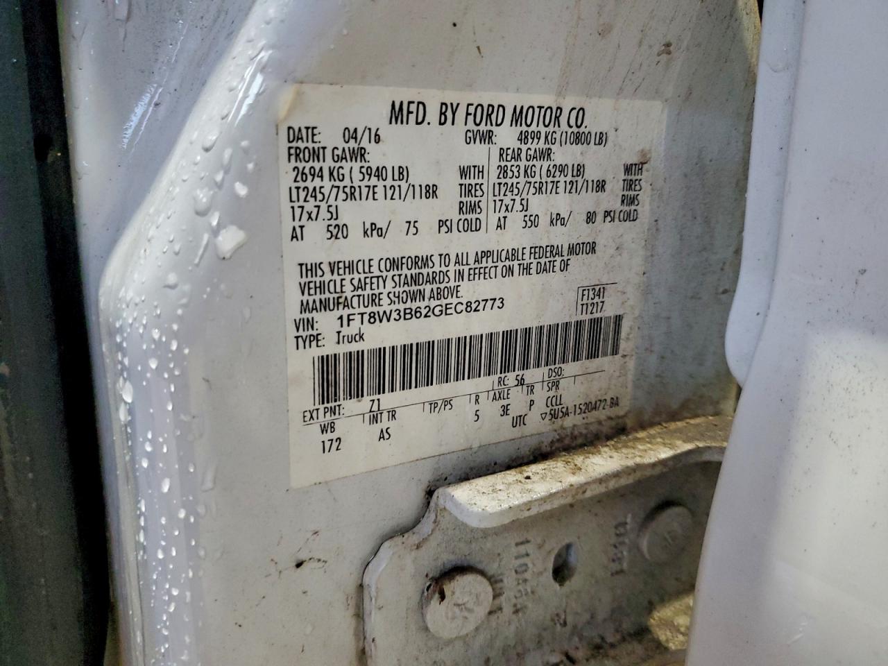 2016 Ford F350 Super Duty VIN: 1FT8W3B62GEC82773 Lot: 94941395