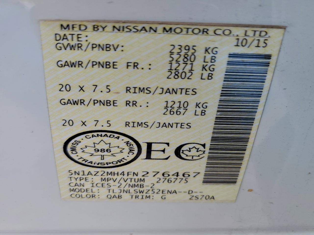 2015 Nissan Murano S VIN: 5N1AZ2MH4FN276467 Lot: 95058145