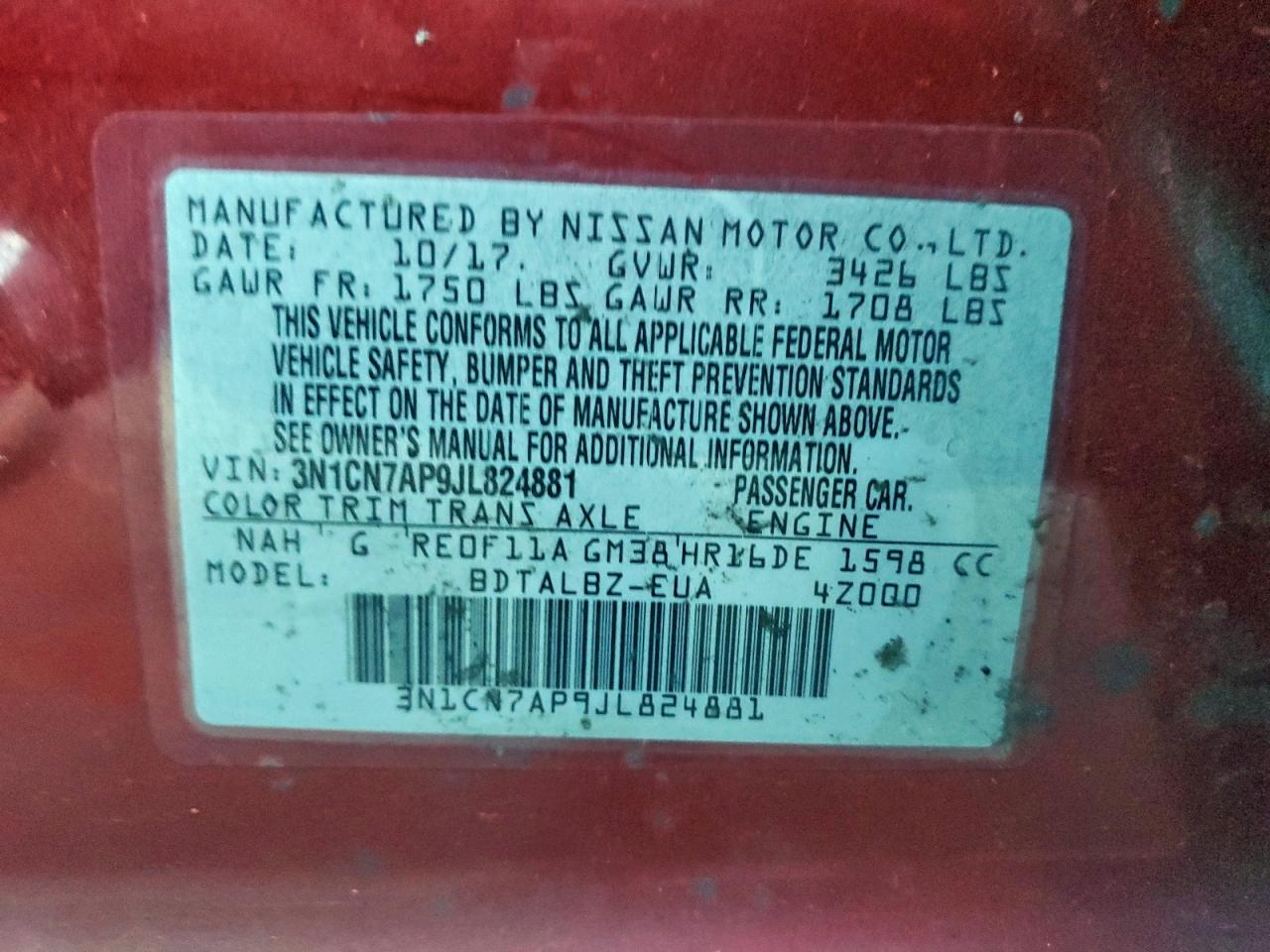 2018 Nissan Versa S VIN: 3N1CN7AP9JL824881 Lot: 94564305