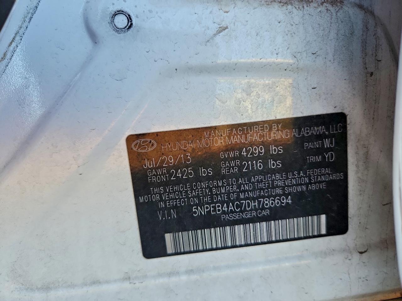 2013 Hyundai Sonata Gls VIN: 5NPEB4AC7DH786694 Lot: 96348125