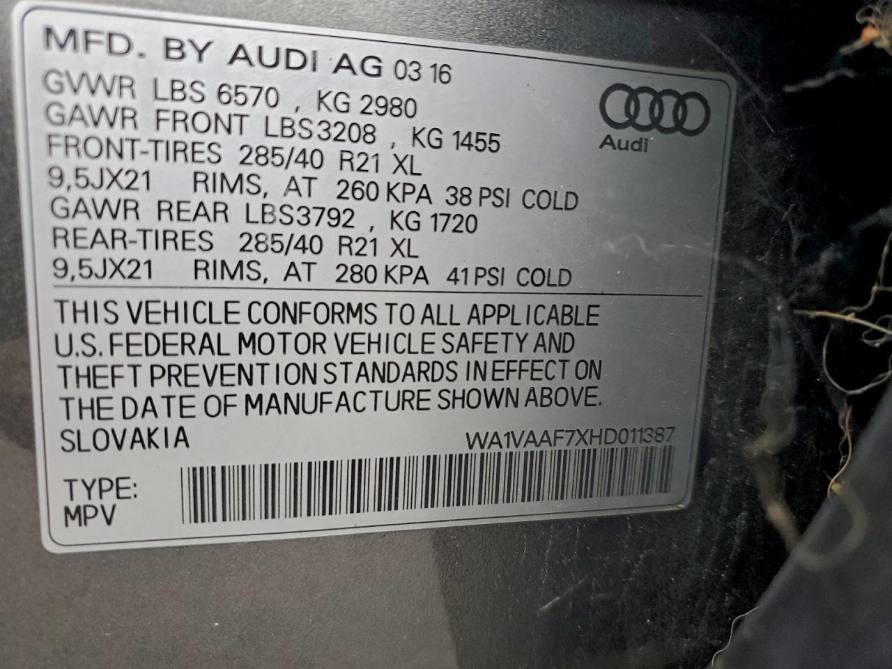 2017 Audi Q7 Prestige VIN: WA1VAAF7XHD011387 Lot: 96751135