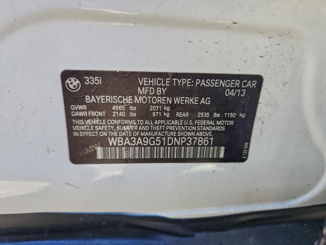 2013 BMW 335 I VIN: WBA3A9G51DNP37861 Lot: 94807065