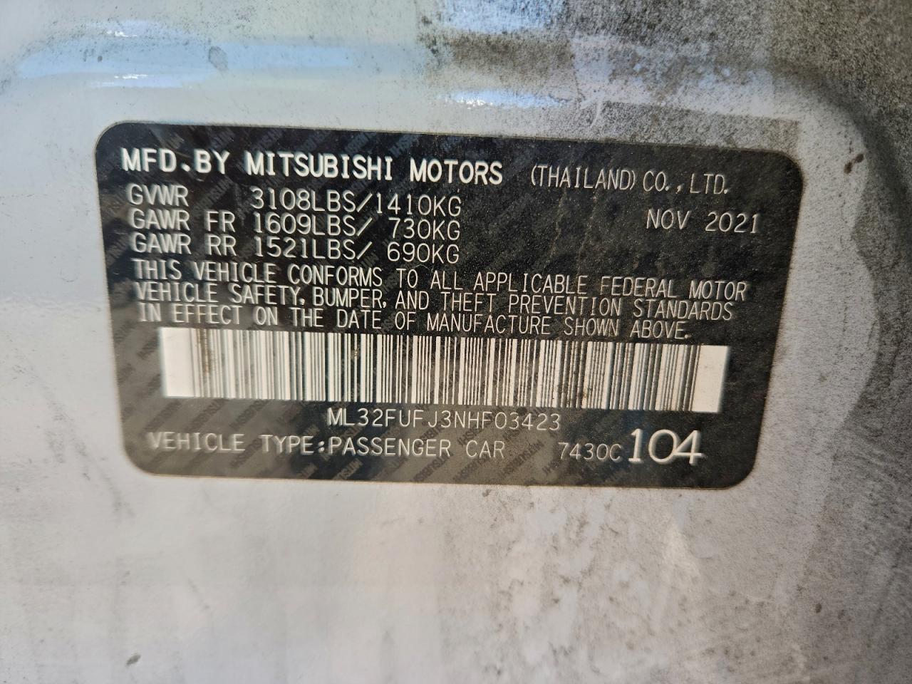 2022 Mitsubishi Mirage G4 Es VIN: ML32FUFJ3NHF03423 Lot: 96536565