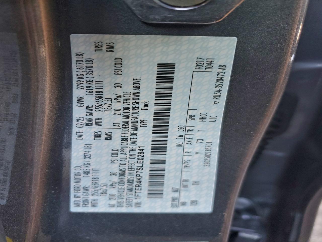 2025 Ford Ranger Lariat VIN: 1FTER4KP7SLE02841 Lot: 96258395