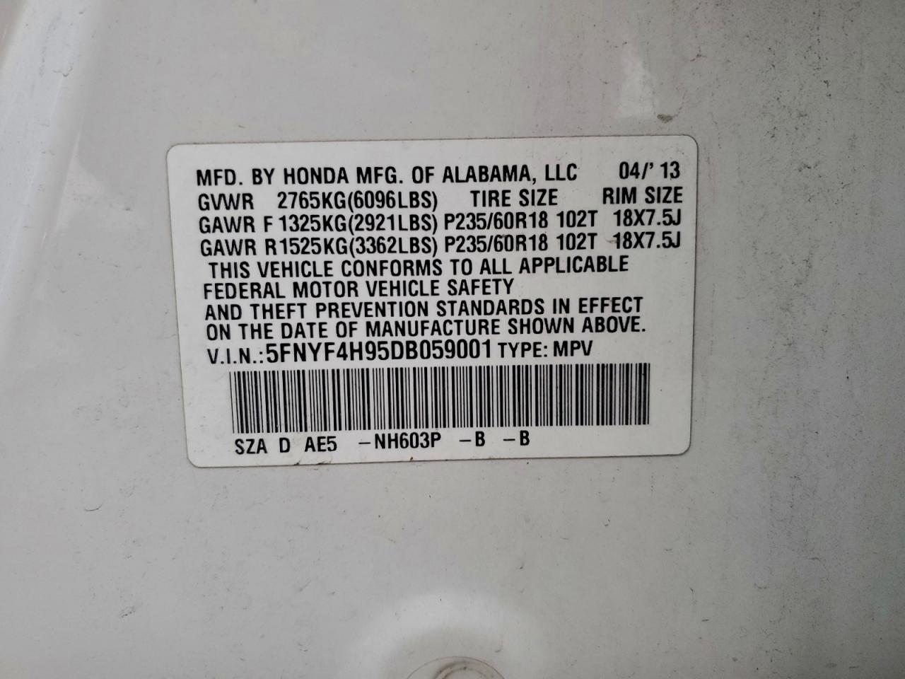 2013 Honda Pilot Touring VIN: 5FNYF4H95DB059001 Lot: 96227875