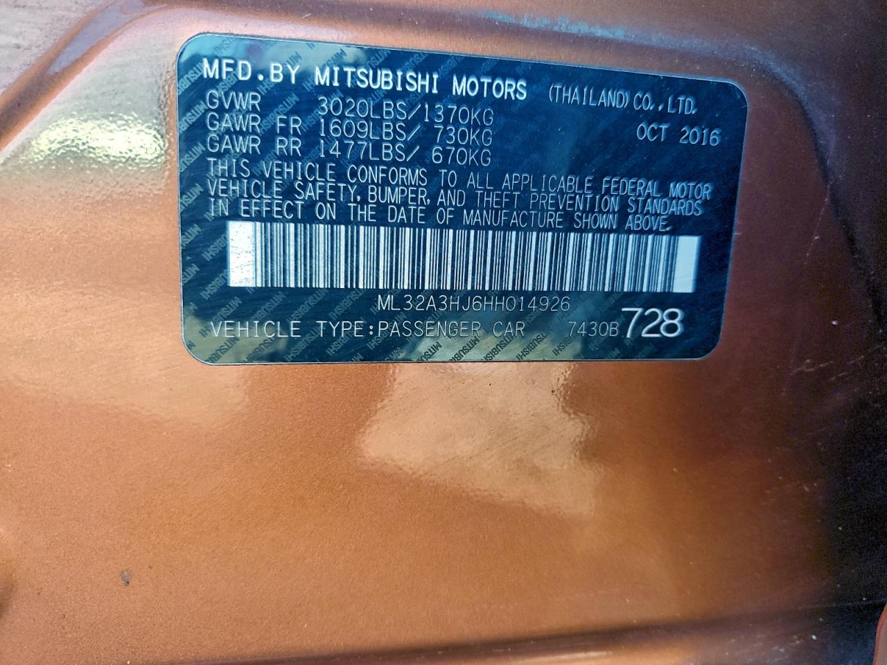 2017 Mitsubishi Mirage Es VIN: ML32A3HJ6HH014926 Lot: 95343445