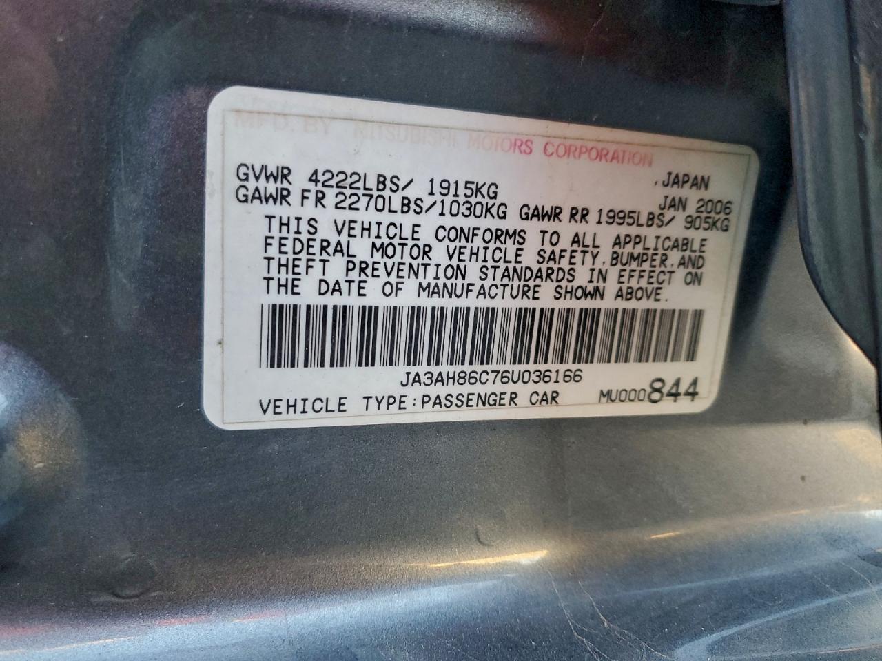 2006 Mitsubishi Lancer Evolution VIN: JA3AH86C76U036166 Lot: 95199755