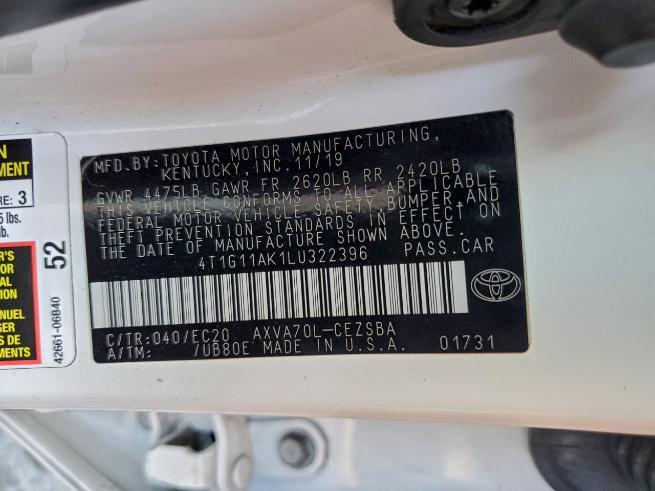 2020 Toyota Camry Se VIN: 4T1G11AK1LU322396 Lot: 96518185