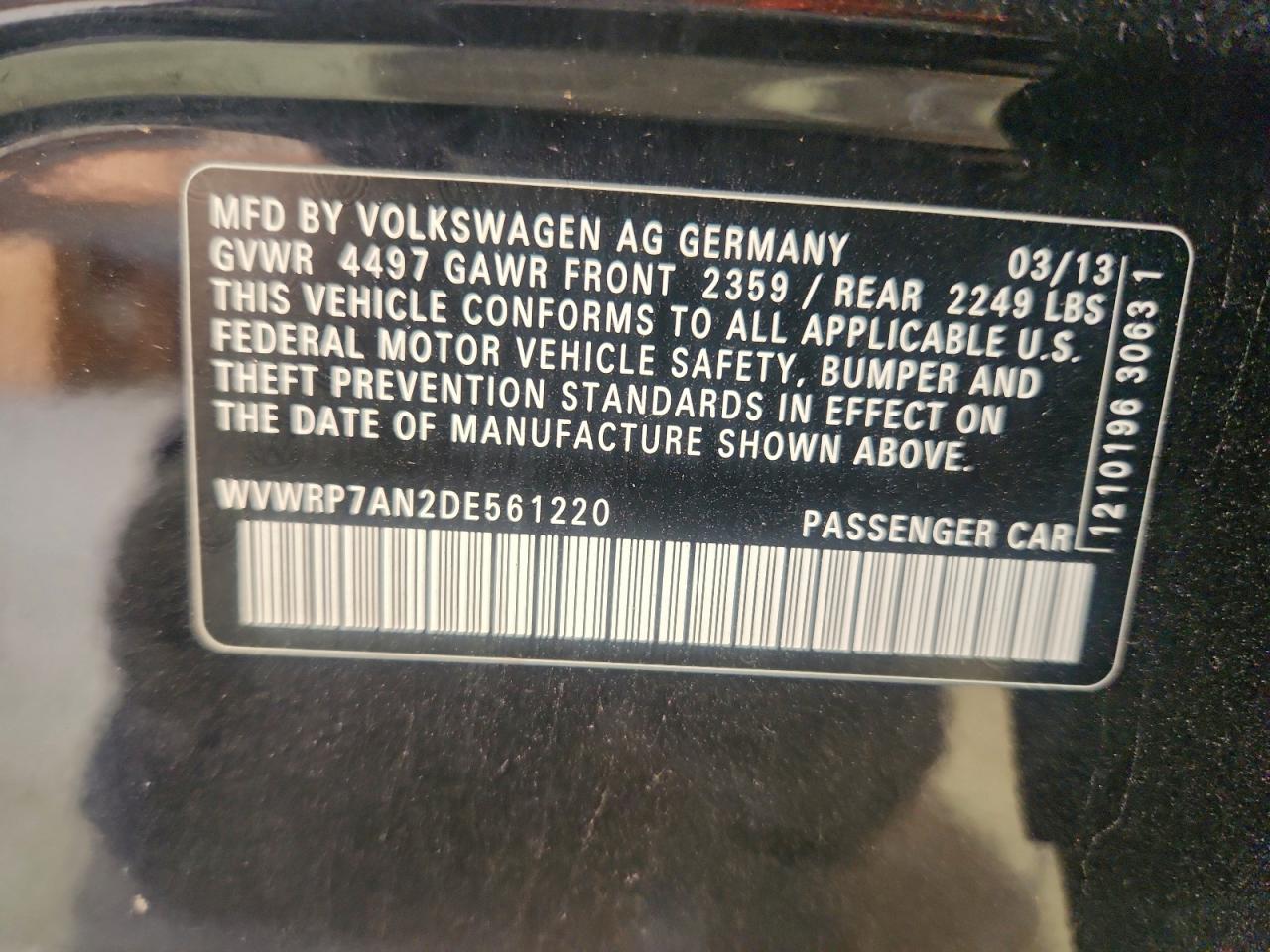 2013 Volkswagen Cc Luxury VIN: WVWRP7AN2DE561220 Lot: 95969645