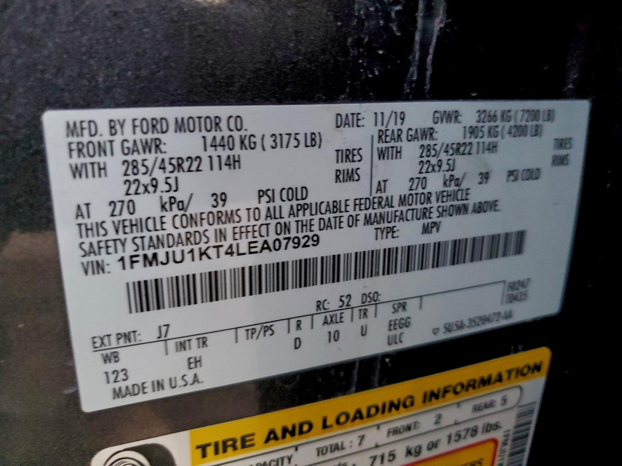 2020 Ford Expedition Limited VIN: 1FMJU1KT4LEA07929 Lot: 96000455