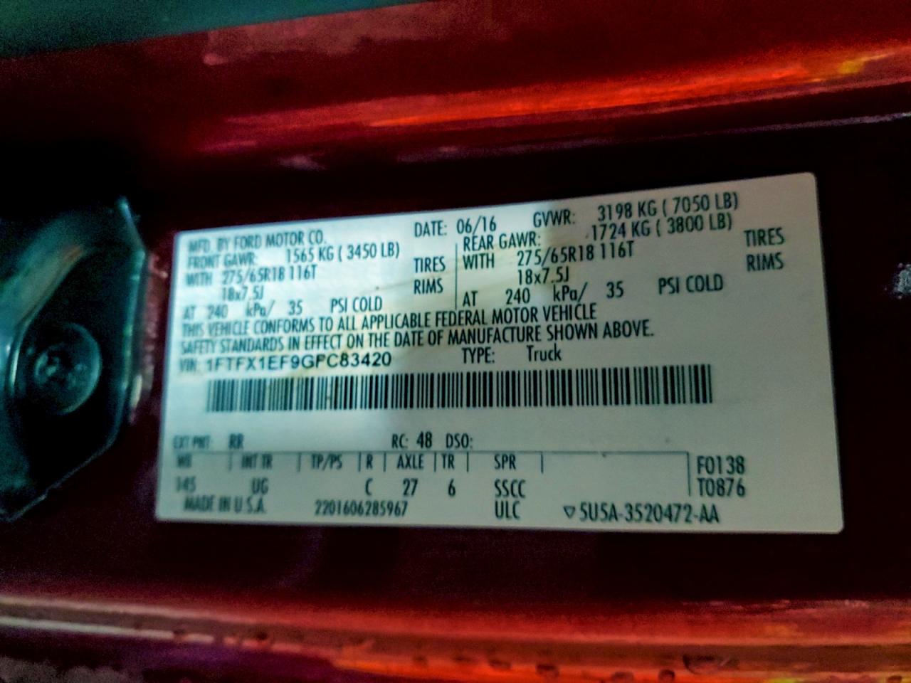 2016 Ford F150 Super Cab VIN: 1FTFX1EF9GFC83420 Lot: 95673735