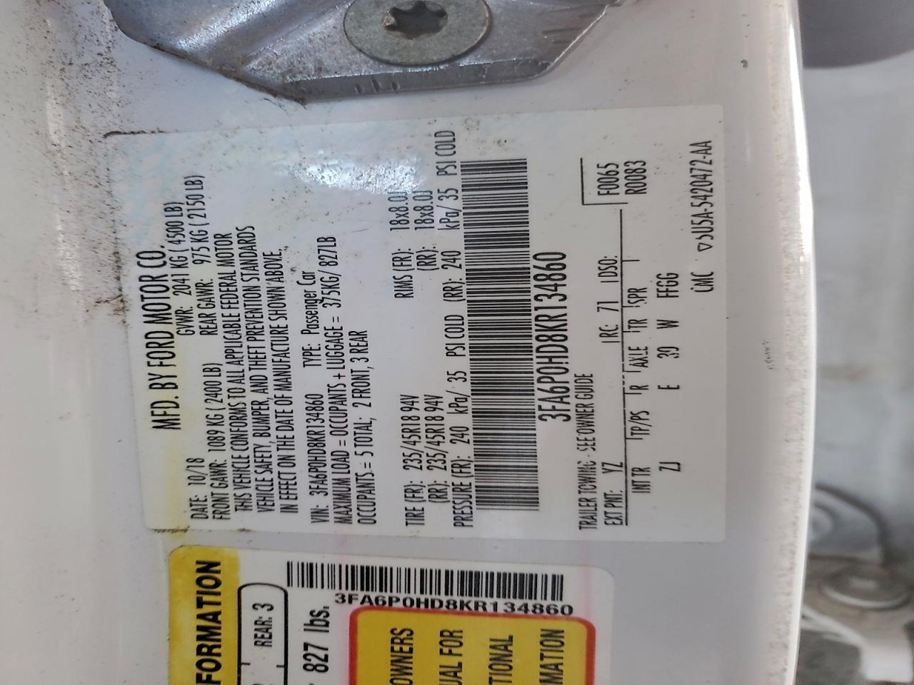 2019 Ford Fusion Se VIN: 3FA6P0HD8KR134860 Lot: 96230275