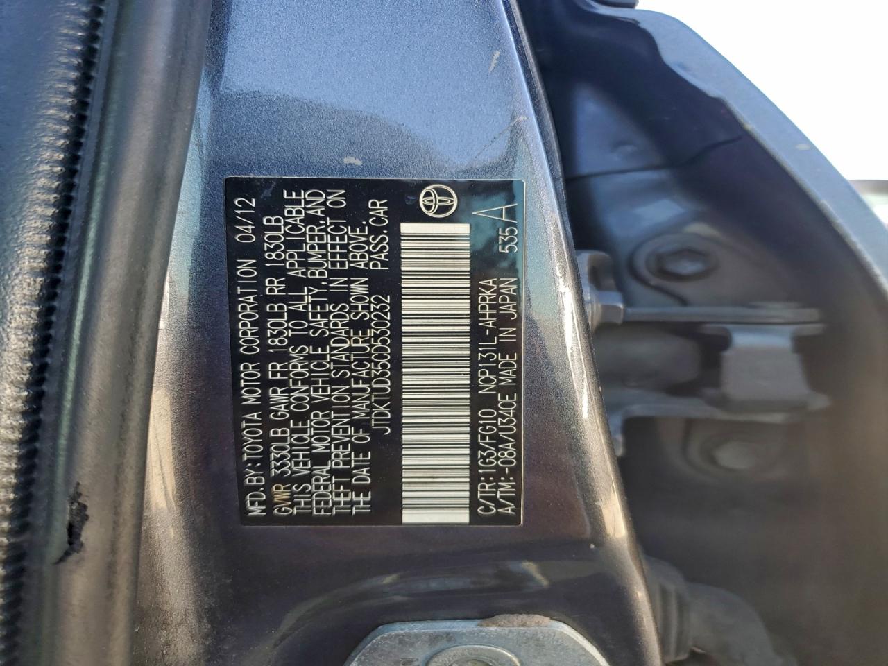 2012 Toyota Yaris VIN: JTDKTUD35CD530232 Lot: 96228915