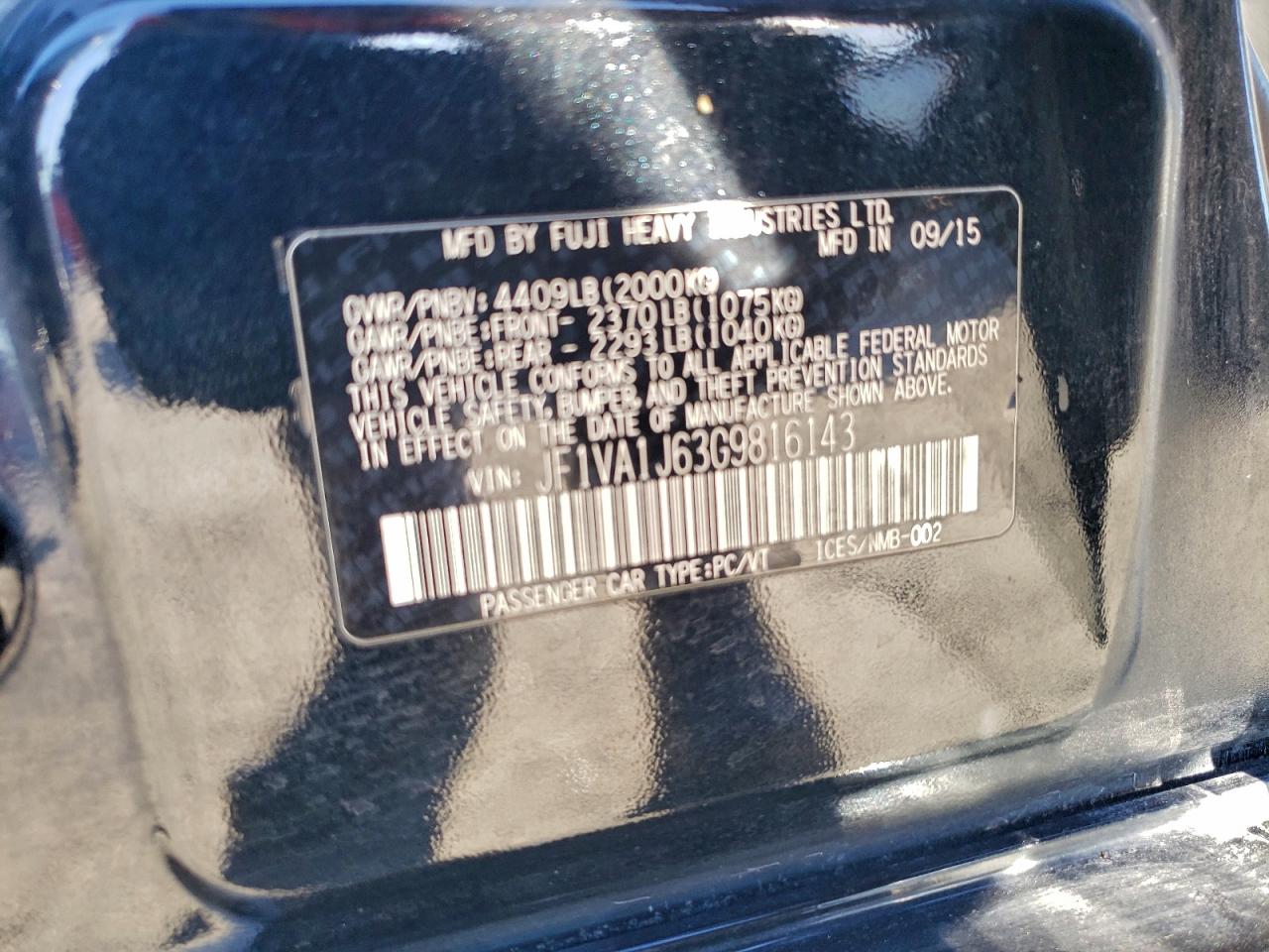 2016 Subaru Wrx Limited VIN: JF1VA1J63G9816143 Lot: 95949075