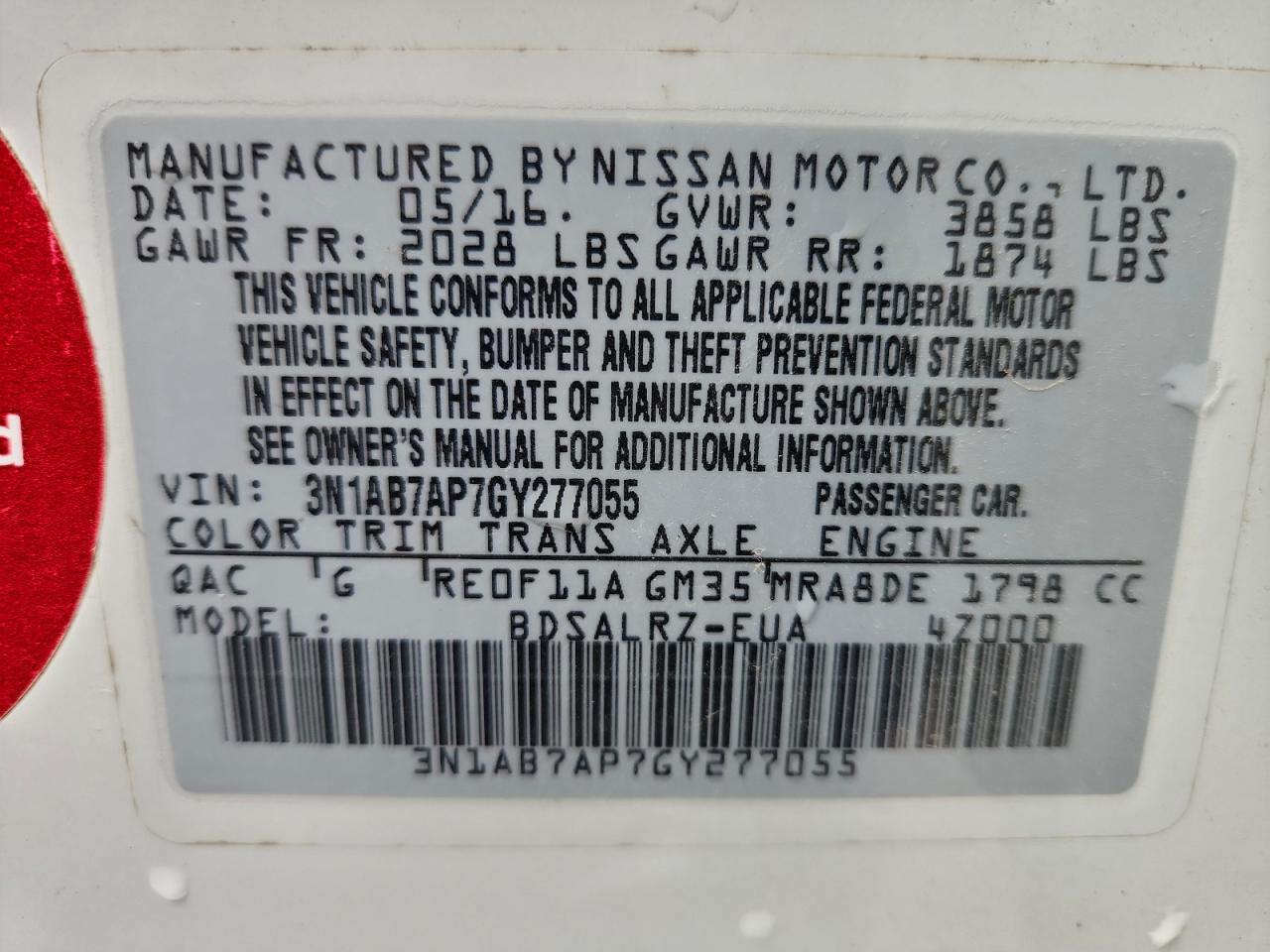 2016 Nissan Sentra S VIN: 3N1AB7AP7GY277055 Lot: 94647865