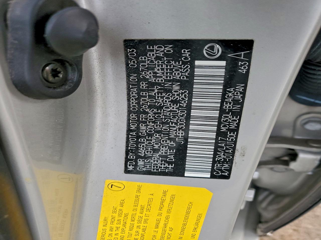 2003 Lexus Es 300 VIN: JTHBF30GX30146253 Lot: 95340815