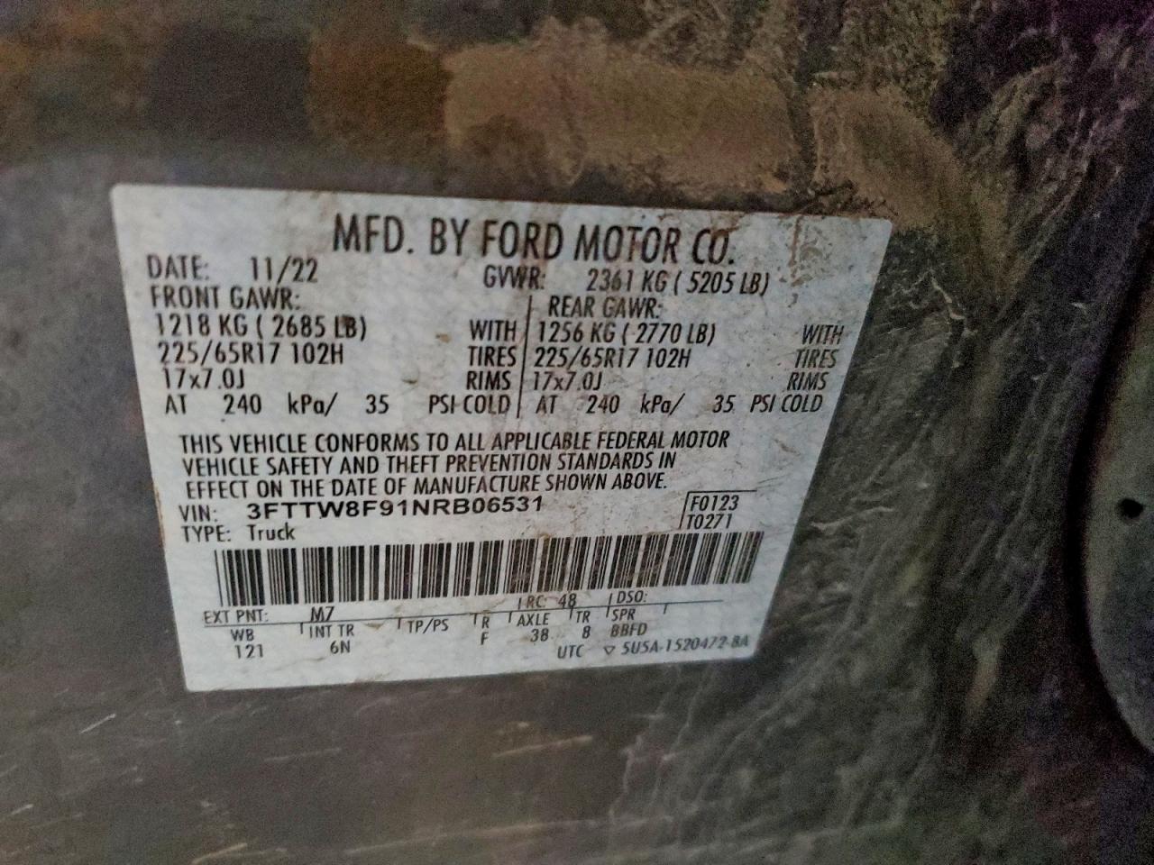 2022 Ford Maverick Xl VIN: 3FTTW8F91NRB06531 Lot: 94329695