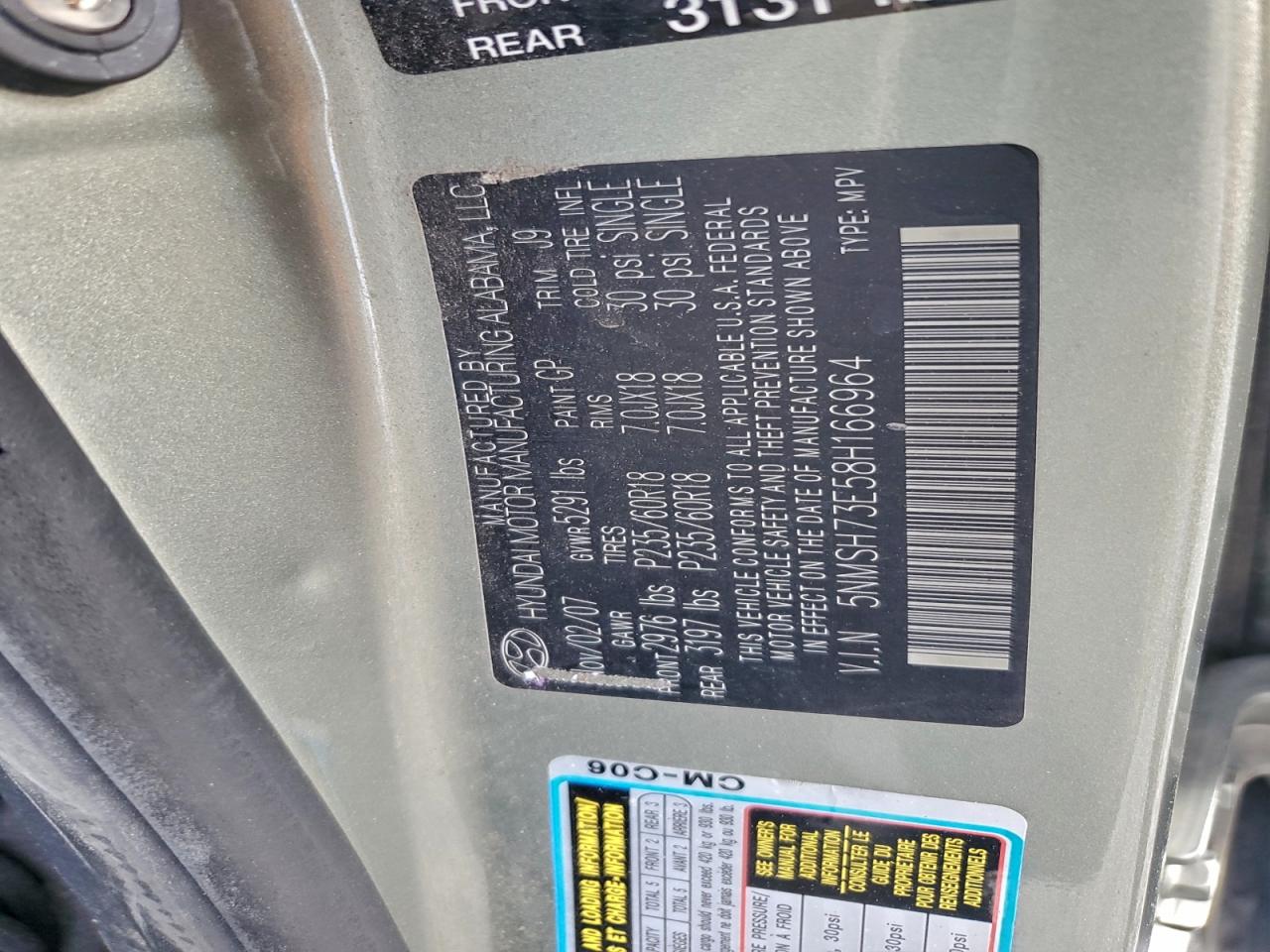 2008 Hyundai Santa Fe Se VIN: 5NMSH73E58H166964 Lot: 98030075