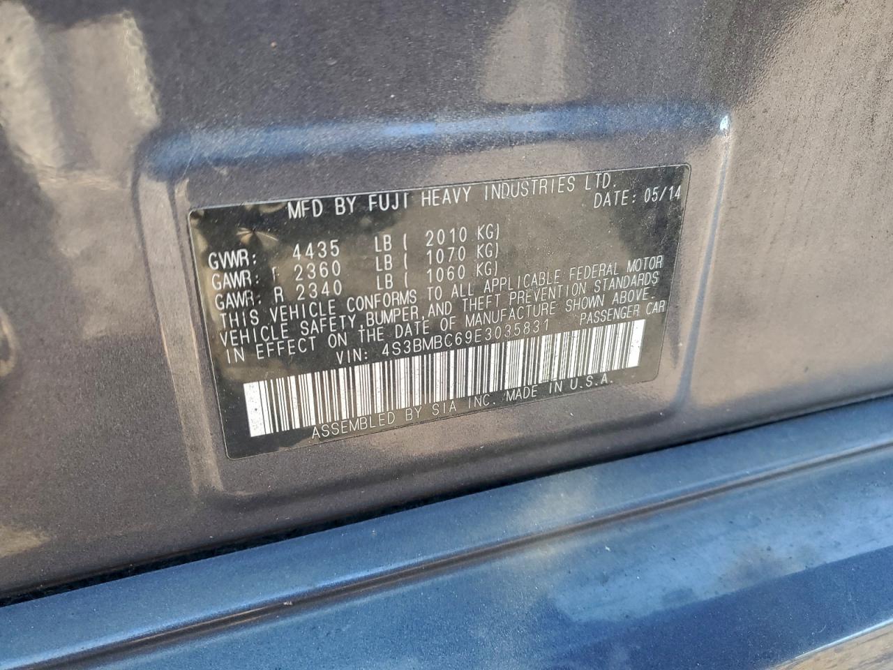 2014 Subaru Legacy 2.5I Premium VIN: 4S3BMBC69E3035831 Lot: 94352565