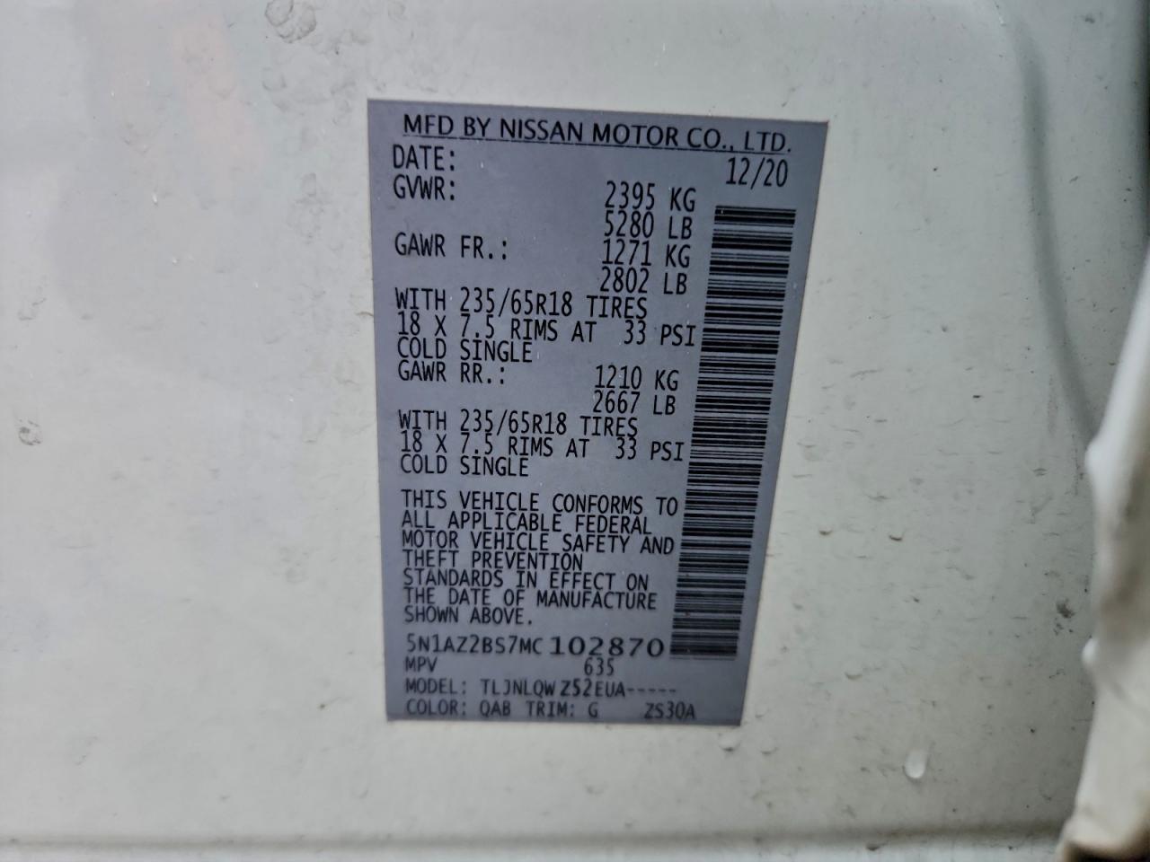 2021 Nissan Murano Sv VIN: 5N1AZ2BS7MC102870 Lot: 95540735