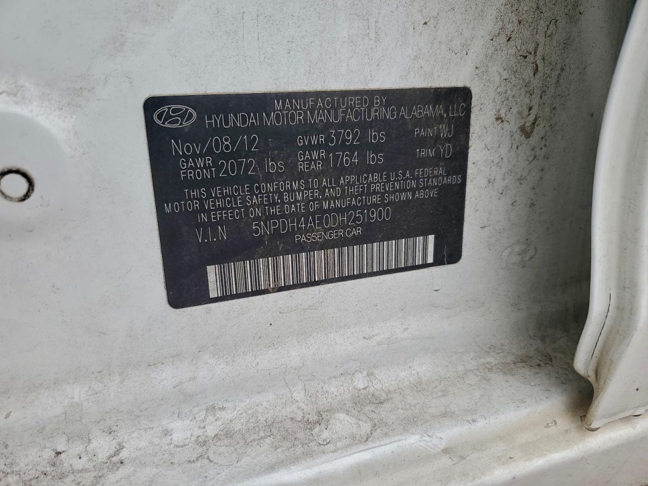 2013 Hyundai Elantra Gls VIN: 5NPDH4AE0DH251900 Lot: 93105855