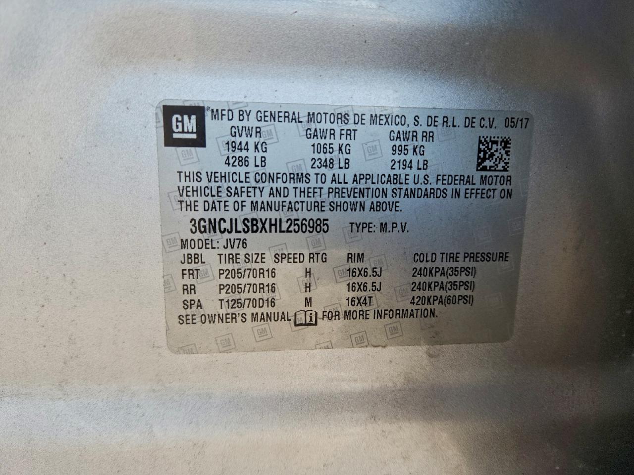 2017 Chevrolet Trax 1Lt VIN: 3GNCJLSBXHL256985 Lot: 93994035