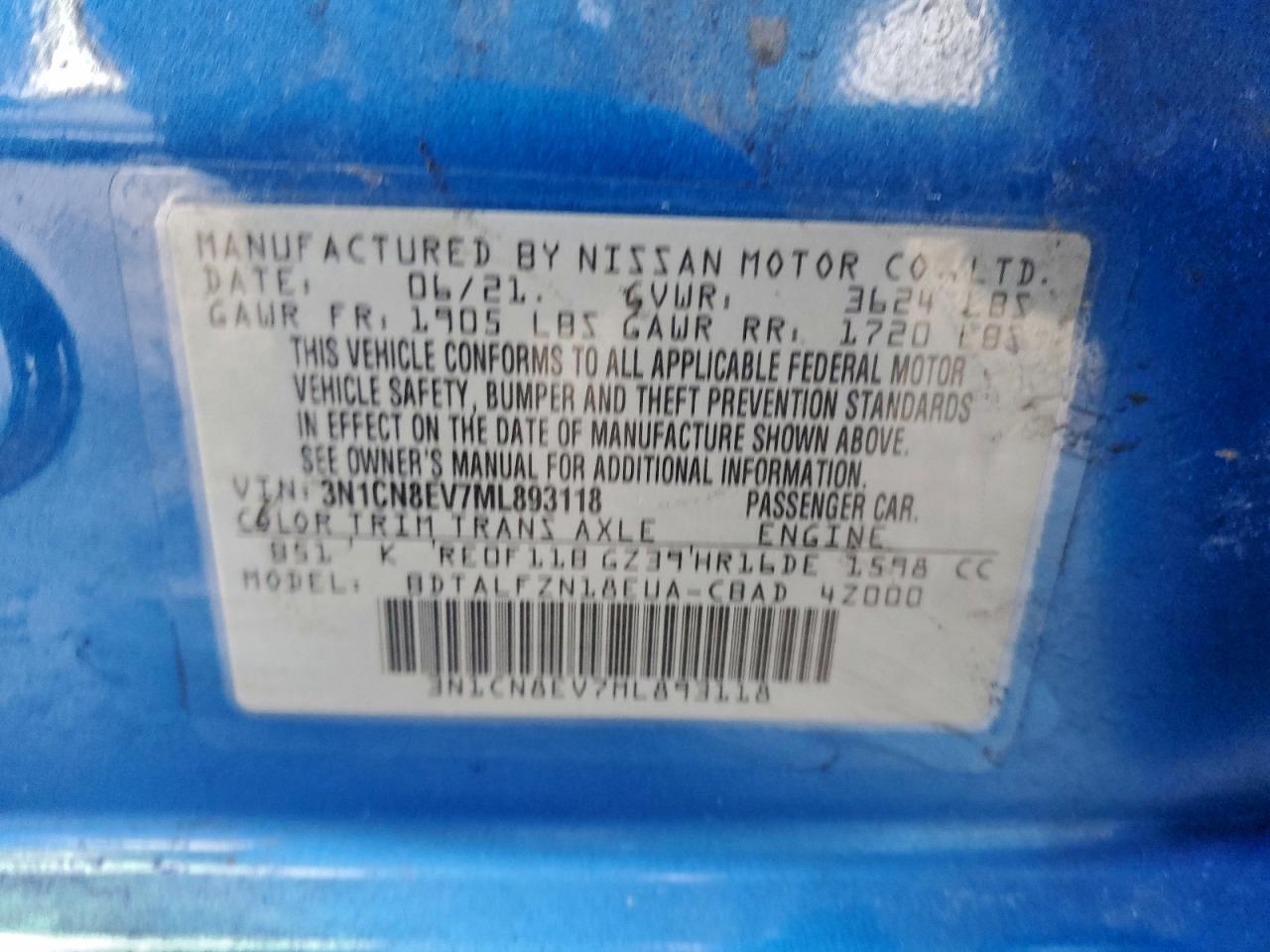 2021 Nissan Versa Sv VIN: 3N1CN8EV7ML893118 Lot: 95561515