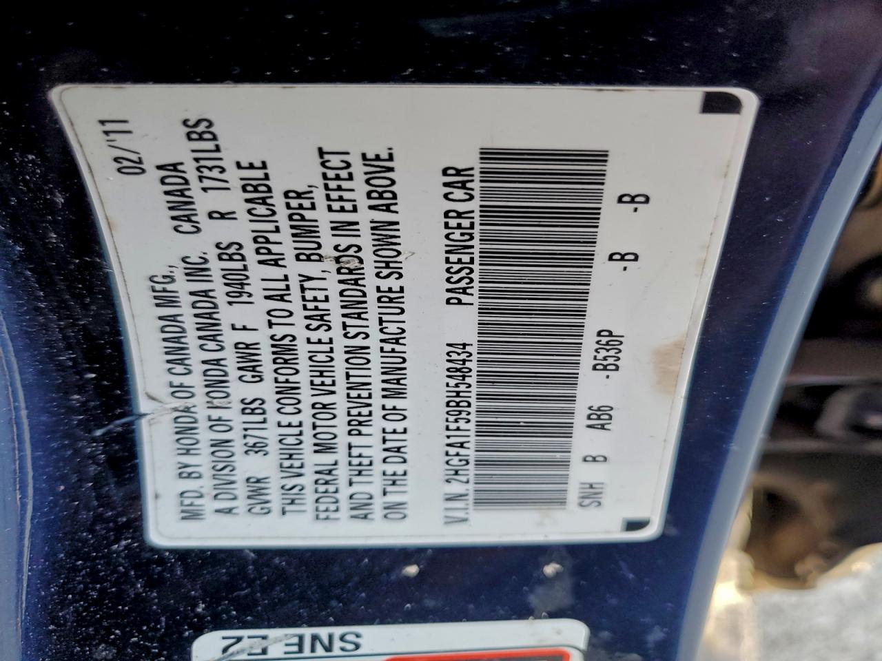 2011 Honda Civic Lx VIN: 2HGFA1F59BH548434 Lot: 94703815