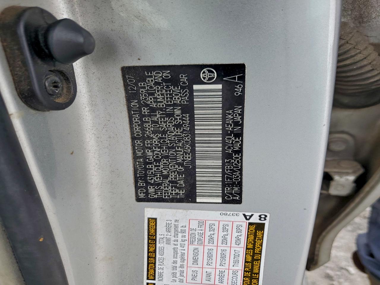 2008 Toyota Camry Ce VIN: JTNBE46K083149444 Lot: 94747945