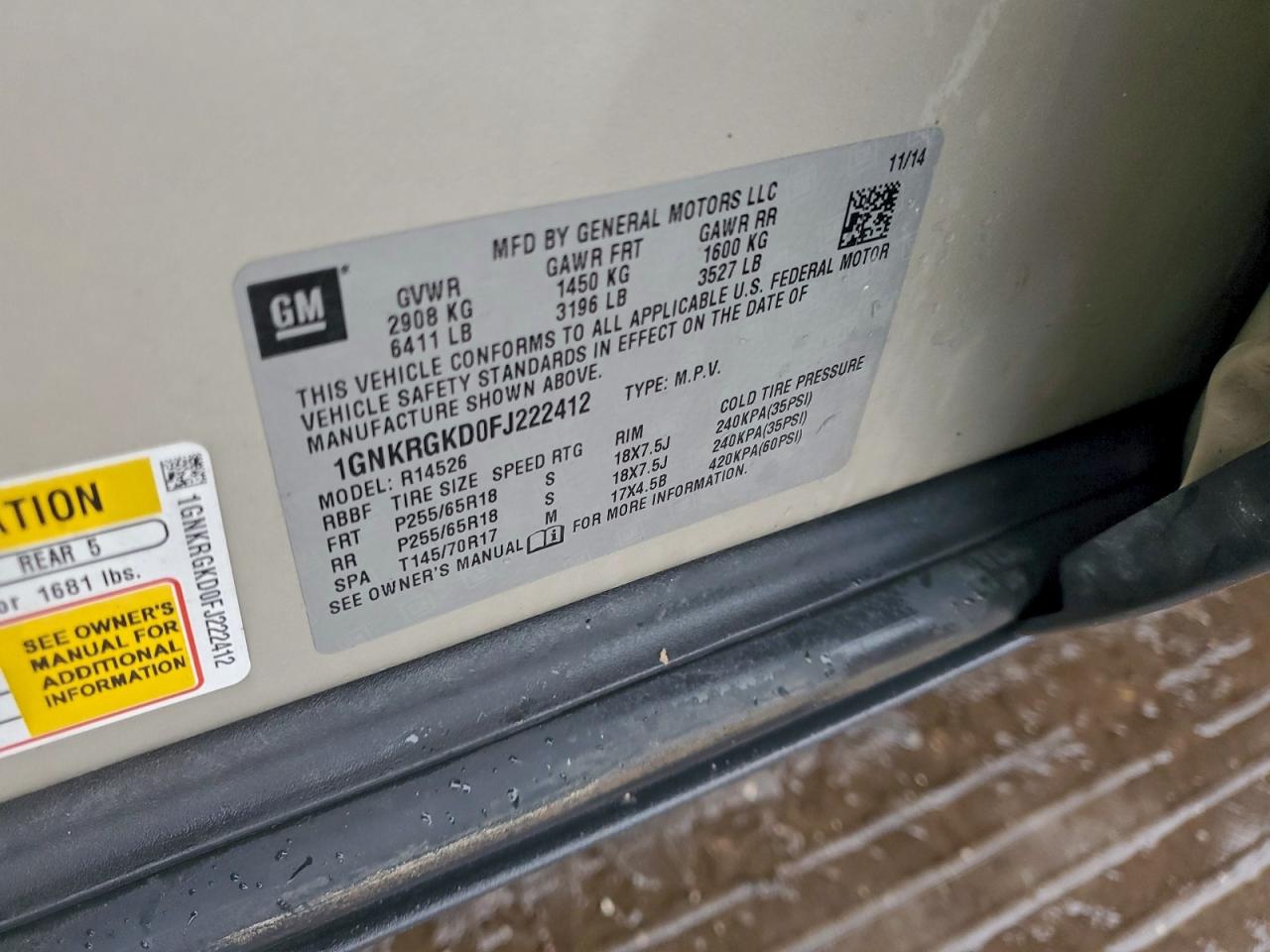 2015 Chevrolet Traverse Lt VIN: 1GNKRGKD0FJ222412 Lot: 95875215