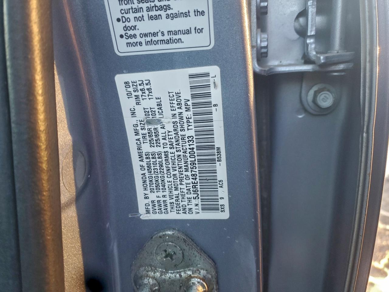 2009 Honda Cr-V Exl VIN: 5J6RE48759L004133 Lot: 96827225