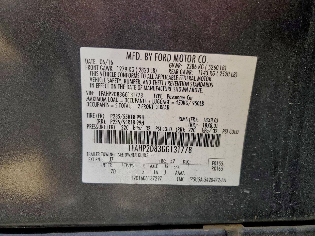 2016 Ford Taurus Se VIN: 1FAHP2D83GG131778 Lot: 95533695