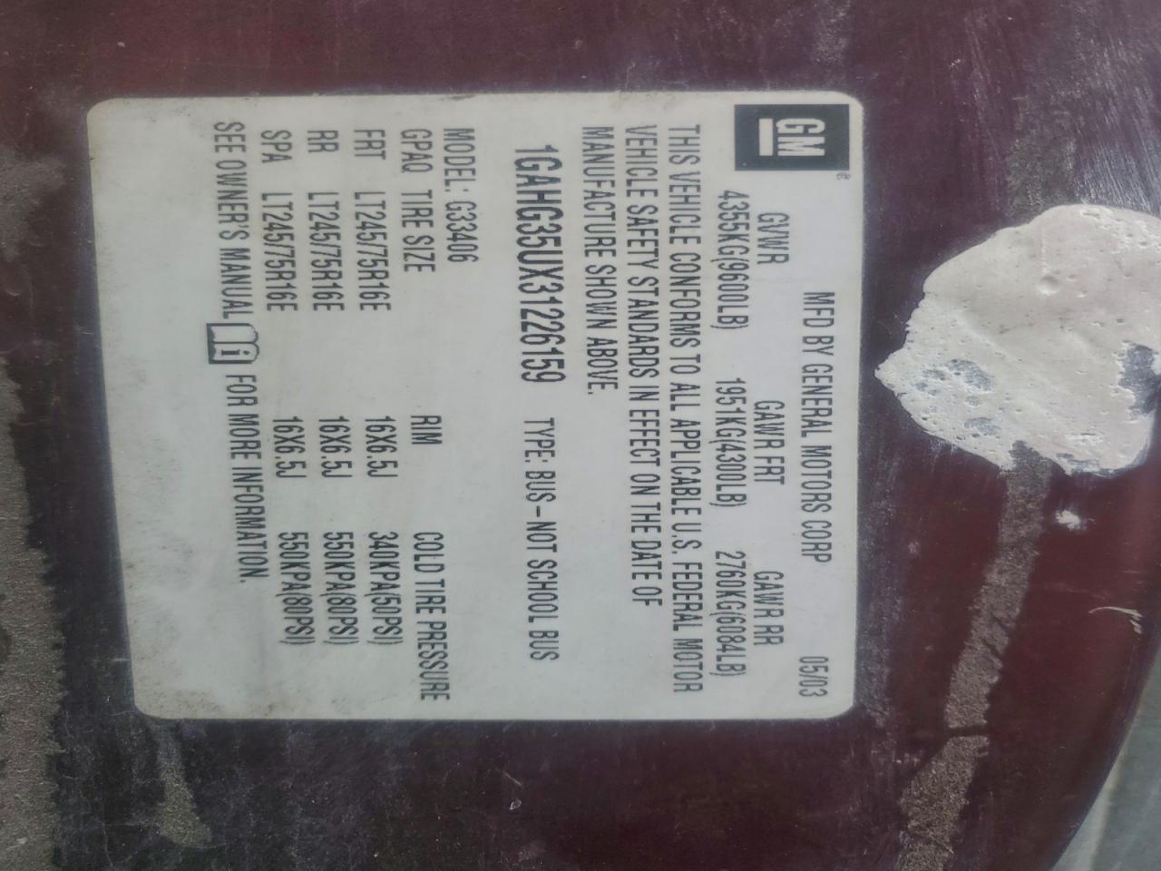 2003 Chevrolet Express G3500 VIN: 1GAHG35UX31226159 Lot: 94244875