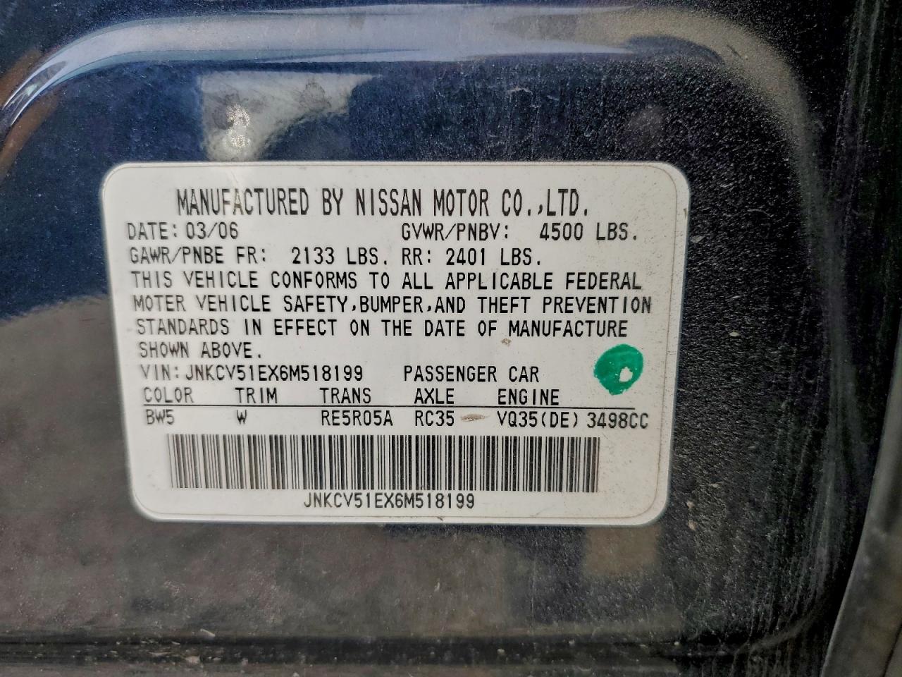 2006 Infiniti G35 VIN: JNKCV51EX6M518199 Lot: 95308755