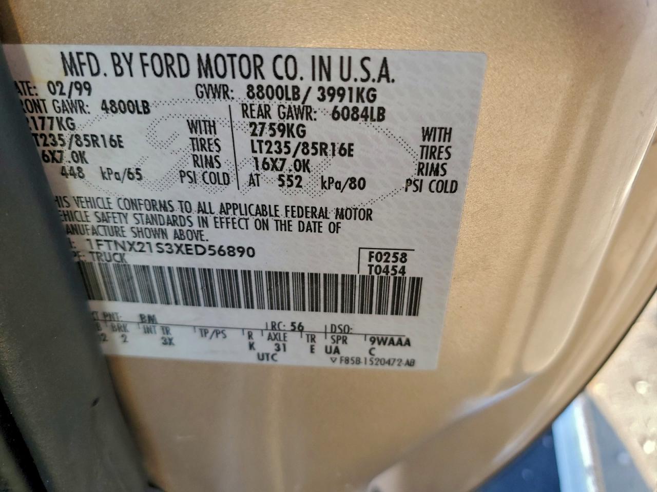 1999 Ford F250 Super Duty VIN: 1FTNX21S3XED56890 Lot: 94954875