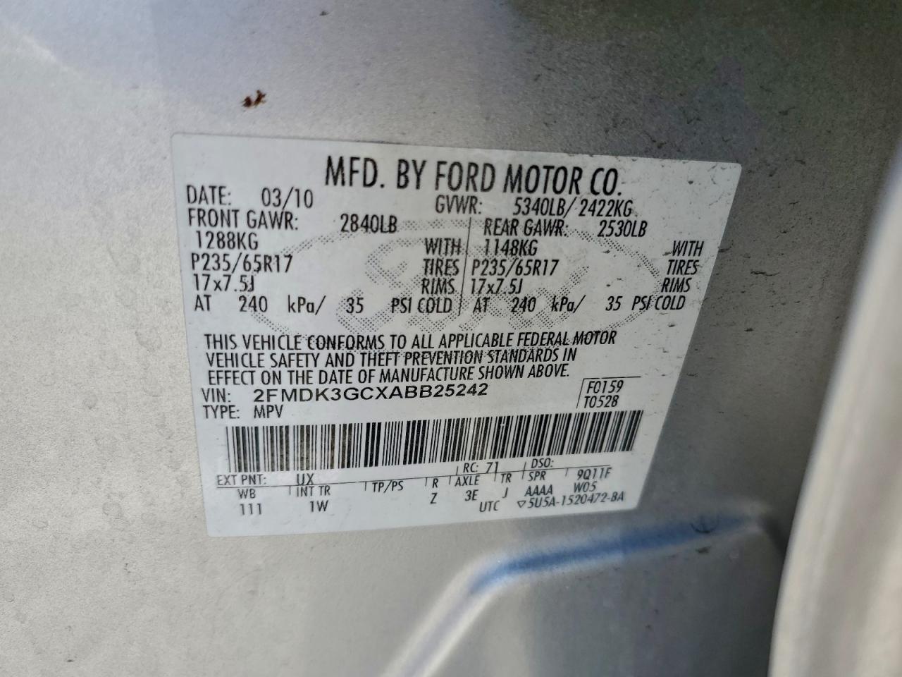 2010 Ford Edge Se VIN: 2FMDK3GCXABB25242 Lot: 94426785